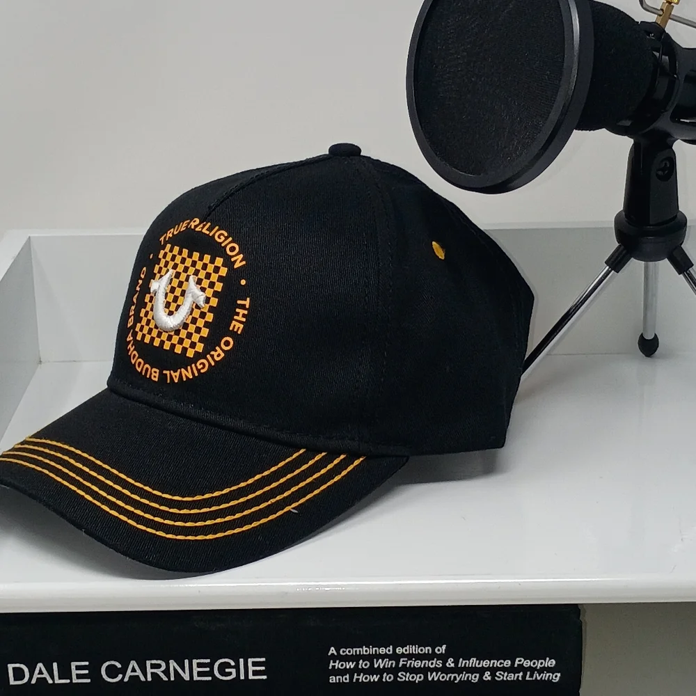 True Religion Black & Gold Logo Baseball Cap – Embroidered Adjustable Hat